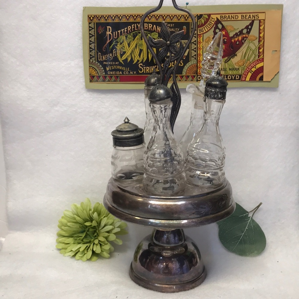 Vintage vase curettes carousel silver plated etch crystal glass oil vinegar 6 pc - Picture 1 of 16